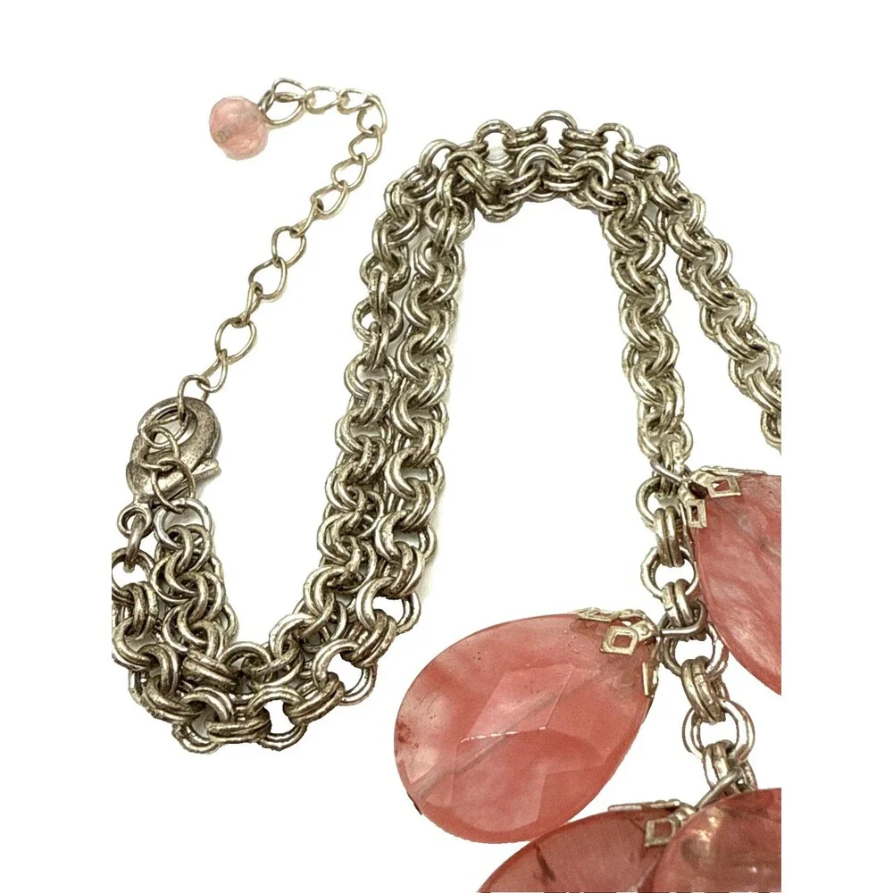 Rose Quartz Bib Necklace Double Strand Teardrop Dangle Stone Bead Statement 18